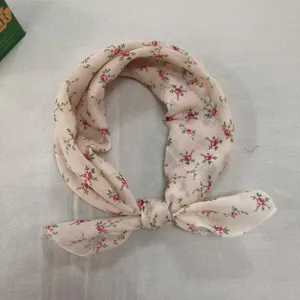 Vintage floral small square scarf, retro pink cotton linen neckerchief for chic styling.