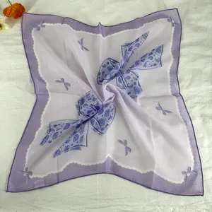 Light purple square silk scarf with paisley bow pattern, elegant retro neckerchief for women.