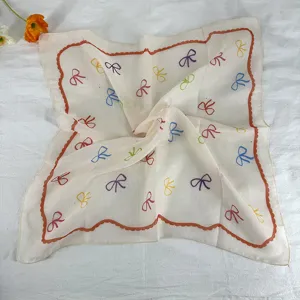 Vintage style women square scarf with colorful bow print and scalloped edge, breathable neckerchief.