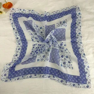 Retro blue floral square scarf, versatile silk neckerchief and hair band for women.