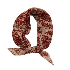 Vintage cotton linen small square scarf, retro floral printed versatile neckerchief for women.