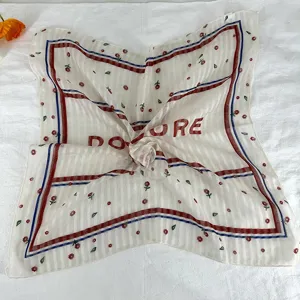 Retro floral print square silk scarf for women, lightweight spring sun protection neckerchief.