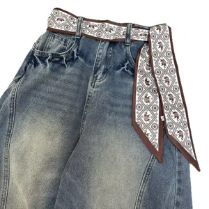Retro denim jeans featuring chic elephant print ribbon belt vintage casual trousers style