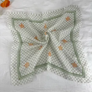 Green gingham small square scarf with cute turtle print, vintage style neckerchief for women.