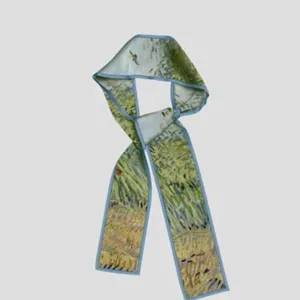 Narrow silk ribbon scarf featuring artistic oil painting print with stylish blue borders.