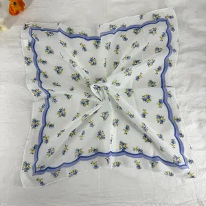 Retro floral small square scarf for women, white vintage neck scarf with blue flowers and purple border.