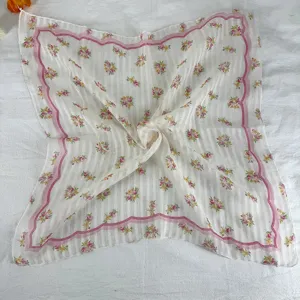 Vintage floral square silk scarf women versatile hair band neckerchief decorative head wrap