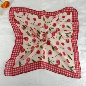 Retro red gingham cherry print silk scarf, elegant square headscarf for women spring.