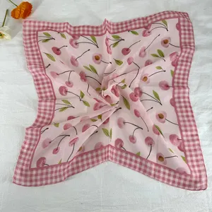 Korean style pink cherry print square scarf vintage plaid hair band women decorative neckerchief