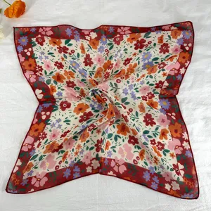 Retro floral print small square scarf silk neckerchief vintage hair band for women spring