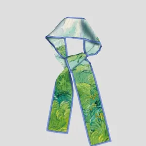 Detailed close-up of art oil painting narrow twilly ribbon scarf with elegant blue edge.