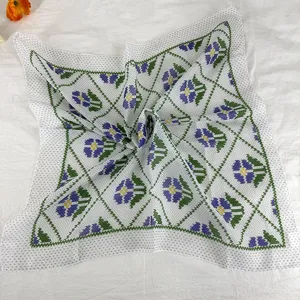 Retro floral small square scarf detail, versatile silk neckerchief for women hair band.