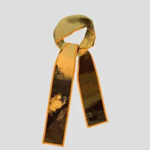Detailed view of the artistic oil painting pattern twilly scarf with vibrant orange edge trim.
