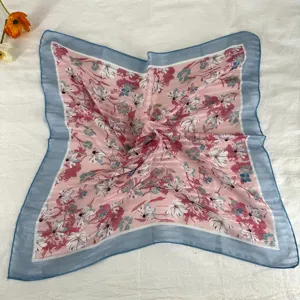Details of retro floral small silk scarf, elegant square headscarf and versatile neckerchief.