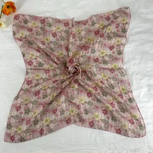 Women vintage floral small square scarf, versatile silk feel neckerchief and stylish hair band.