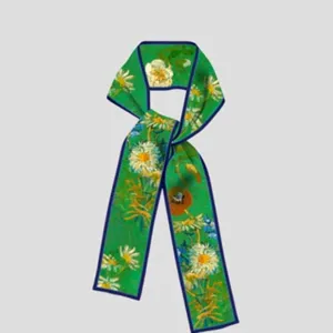 Van Gogh oil painting style narrow silk scarf for women, chic floral ribbon for bag or hair decor.