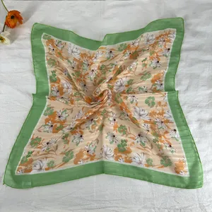 Retro floral square silk scarf for women, elegant green border neckerchief and stylish hair band.