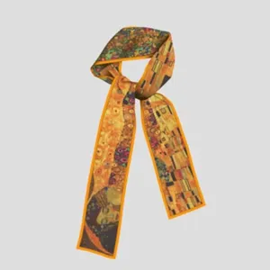 Klimt art print skinny silk scarf, elegant twilly ribbon for handbag or hair decoration.
