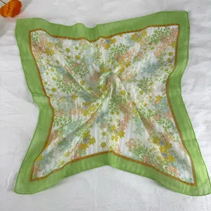 Retro floral square scarf women vintage green border neckerchief chic hair band neck wrap spring