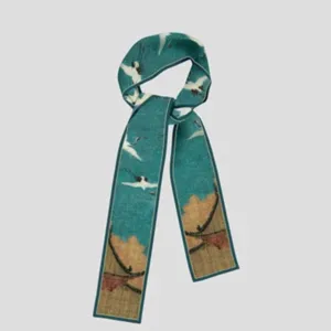 Turquoise artistic crane narrow silk scarf twilly fashion bag ribbon hair band for women.