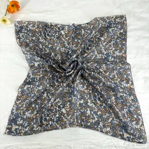Vintage floral small square scarf for women, elegant grey neckerchief and hair band accessory.