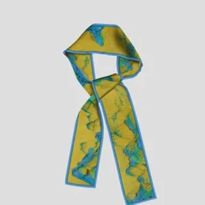 Artistic oil painting style narrow silk scarf, elegant blue border twilly ribbon for bag and hair.