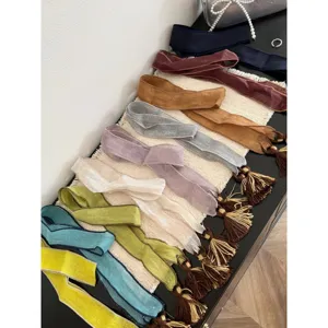 Spring summer thin long ribbon scarf with vintage tassels, multi-color chic neck accessory for women.