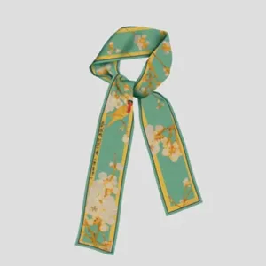 Artistic printed long silk scarf with elegant floral bird design and narrow skinny shape.