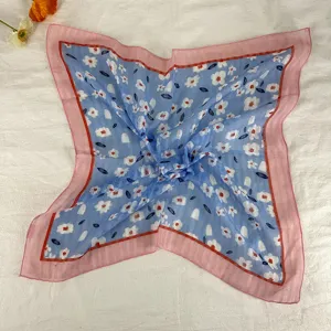 Retro blue floral small silk scarf with pink border, versatile square headscarf for women.