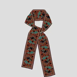 Close detail of the narrow retro silk scarf featuring exquisite print patterns and smooth texture.