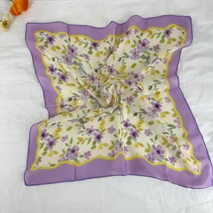 Retro floral square scarf for women, chic purple border neckerchief and stylish hair band.
