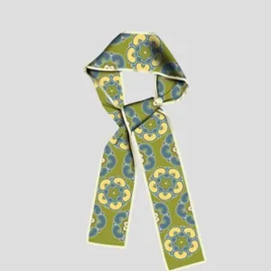 Elegant green floral print twilly silk scarf for women, perfect handbag ribbon and hair band.