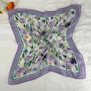 Women's vintage floral square scarf, elegant purple border silk neckerchief for spring and autumn.