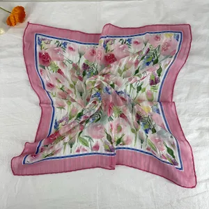 Vintage floral square scarf for women, lightweight spring neckerchief and stylish hairband.