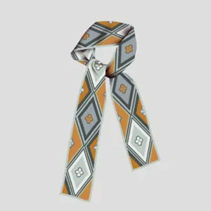 Luxury style narrow twilly silk scarf with geometric diamond and flower print for handbag decoration.