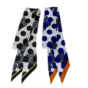 Chic women long twilly silk scarf with polka dot and rose floral print for bag and neck styling.