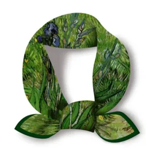 Detail view of the classic Van Gogh oil painting floral print silk square scarf detail.