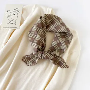 Chic brown plaid small square scarf, Korean style thin cotton neckerchief for women spring summer.