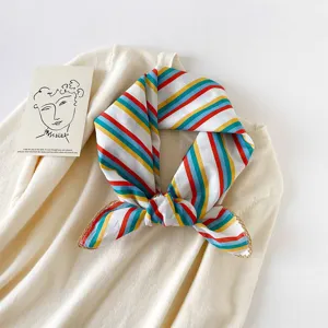 Korean style colorful striped cotton square scarf, lightweight versatile kerchief accessory for women.