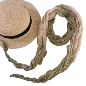Fashionable gradient tie-dye crinkle scarf with summer straw hat, versatile and warm neckerchief.