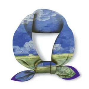 Close-up detail of the classic Van Gogh oil painting print square scarf, elegant artistic silk.
