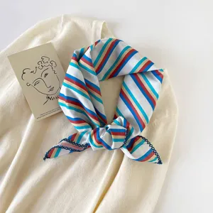 Detailed view of a stylish colorful striped small square scarf with delicate lace trim.