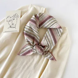 Korean style striped cotton square scarf detail shot, perfect for spring and summer accessorizing.