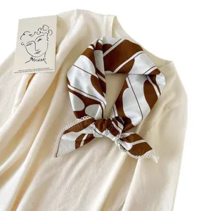 Korean style brown white striped cotton small square scarf, versatile spring summer neckerchief.