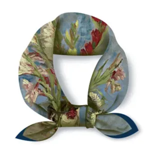 Van Gogh art print silk scarf detail, elegant floral pattern neckerchief close-up view