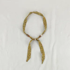 Vintage floral scarf necklace with wooden beads, elegant chic necktie accessory for women.