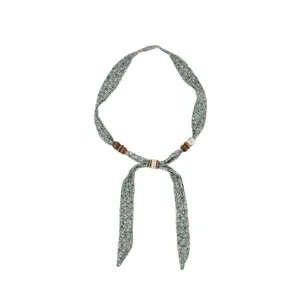 Vintage floral print fabric ribbon necklace with wooden beads, elegant neckerchief for women.
