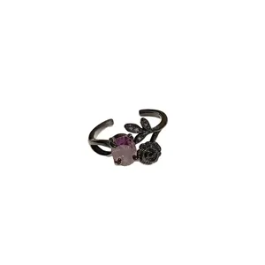 Anillo abierto negro vintage con cristal violeta rosa y hoja estilo punk de moda