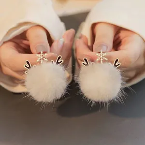 Winter Christmas white fluffy pom-pom reindeer antler and snowflake stud earrings for women