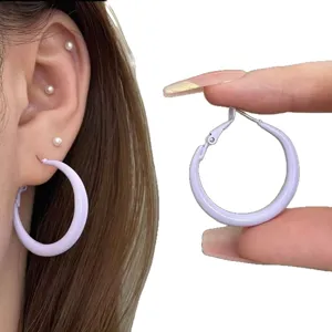 Macaron purple hoop earrings for women, sweet minimalist casual circle ear jewelry main view.